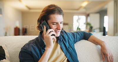 Buy stock photo Happy, man and talking with phone call on sofa for friendly discussion, weekend update and relax. Smile, person and mobile chat in living room for social networking, conversation and catch up in home