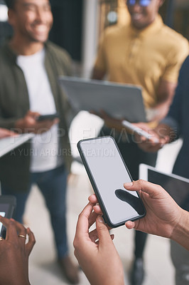 Buy stock photo Business people, hands and meeting with phone for data sync, sharing app or network in office. Group, employees or circle with tech screen for team connection, social media or exchange information