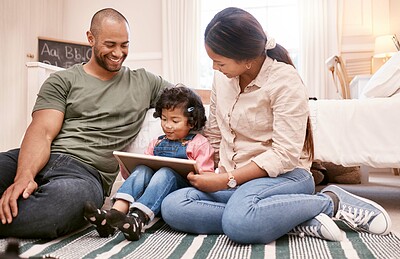 Buy stock photo Happy, tablet and parents with child on bed in home for watching movie, series or film. Smile, relax and girl kid with mother and father in bedroom with digital technology for streaming show together