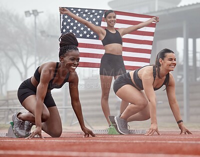 Buy stock photo Ready, team and women with American flag for race, competition and track event in stadium. Fitness, sports and people with USA banner for support, start and contest for marathon, challenge and runner