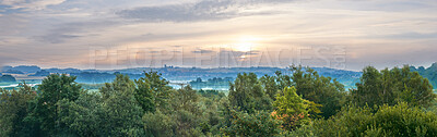 Buy stock photo Sunrise, trees or landscape of forest in nature for natural habitat, conservation or sustainability. Banner, woods or morning sky in green environment for biodiversity, ecology or countryside horizon