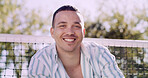 Portrait, man and university student on campus court for college, opportunity or confidence. Pride, net and happy person outdoor for studying with knowledge, education or sport scholarship or bursary
