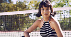 Outdoor, serious or woman with portrait for fashion, trendy makeup or streetwear style for cool outfit. Net, bold cosmetics or person with stylish clothes for edgy aesthetic, unique or confidence