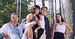 Portrait, friends and students in park on campus for college, opportunity and confidence. Learning, study break and people in nature with pride for university, education and scholarship or admission