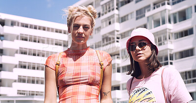 Buy stock photo Trendy, portrait or friends in city for fashion, cool style or streetwear in gen z aesthetic. Confidence, swag or women in town with pride, summer break or urban apparel on weekend in Los Angeles.