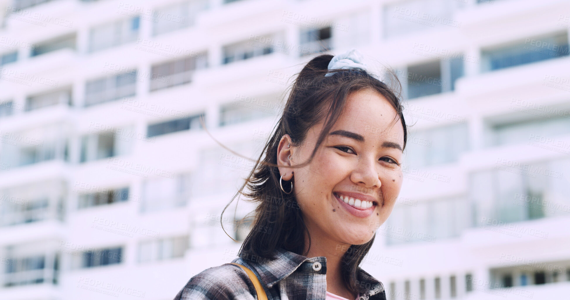Buy stock photo Travel, student and woman with smile in city, portrait and confident with scholarship for university. Commuting, outdoor and person with college funding, education and happy for study opportunity