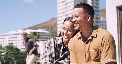 Buy stock photo Smile, bonding and couple in city for love, connection and relax together on vacation trip. Happy man, woman and chill outdoor for support, healthy relationship and commitment on holiday with loyalty