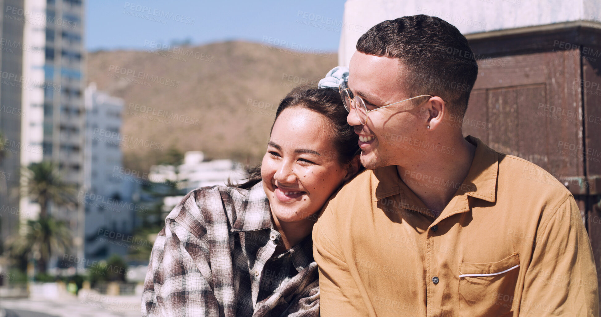 Buy stock photo Smile, care and couple in city for love, connection and relax together on vacation trip with loyalty. Happy man, woman and chill outdoor for support, healthy relationship and commitment on holiday