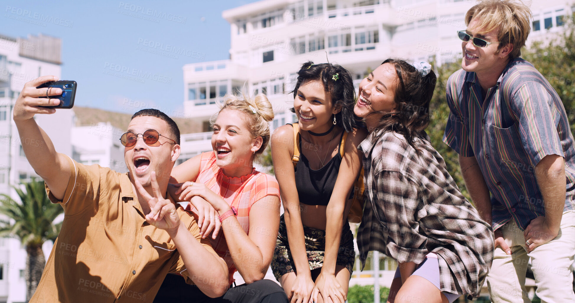 Buy stock photo Selfie, happy and friends with outdoor for summer hangout, gathering or social media post. Smile, funny and cool people in group profile picture for bonding, holiday and online for memory in city