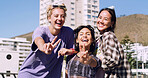 Portrait, people and college student in city with peace sign, bonding together and support on weekend. Happy, women and university friends in urban town with diversity, v gesture and spring break.