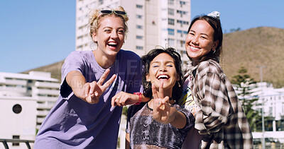 Buy stock photo Portrait, people and college student in city with peace sign, bonding together and support on weekend. Happy, women and university friends in urban town with diversity, v gesture and spring break.