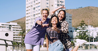 Buy stock photo Portrait, women or students in city with peace sign, bonding together and support for college education. Happy, people and university friends in urban town with diversity, v gesture and spring break.