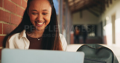 Buy stock photo Laptop, education and woman at university for research on scholarship, curriculum or learning. Happy, computer and female student with email for college exam, test or assessment results on campus.