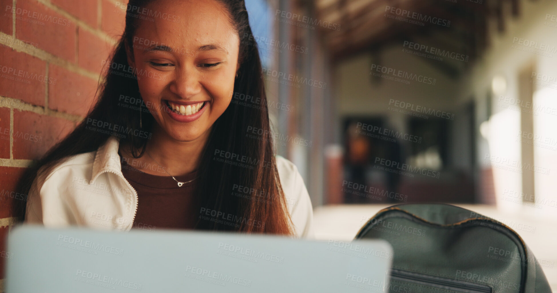Buy stock photo Laptop, education and woman at university for research on scholarship, curriculum or learning. Happy, computer and female student with email for college exam, test or assessment results on campus.