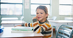 Portrait, education and quiz with girl in classroom for test, child development and knowledge. Assessment, smile and lesson with student on school campus for learning, curriculum and study course