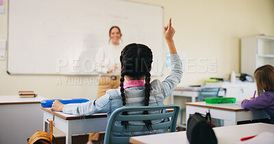 Buy stock photo Question, students and girl with teacher in classroom, learning and knowledge quiz for education. Lesson participation, educator or child with answer for academic growth, subject engagement or school