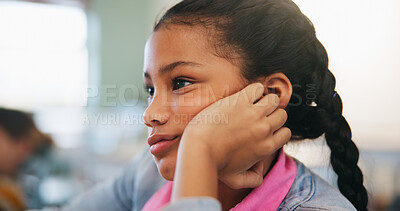 Buy stock photo Bored, education and child thinking in classroom for course, development and knowledge at school. Tired, kid and girl in elementary for learning with reflection, idea or distracted student at lesson