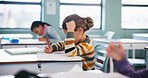 Writing, thinking and exam with kids in classroom for test, child development and knowledge. Education, notebook and lesson with students on school campus for learning, curriculum and study course