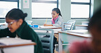 Writing, education and exam with students in classroom for test, child development and knowledge. Thinking, notebook and lesson with kids on school campus for learning, curriculum and study course