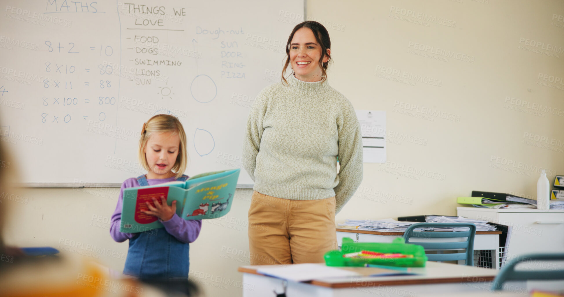 Buy stock photo Kid, teacher or reading book in class for presentation, teaching or language development at school. Storytelling, speaking and girl student with woman for support, oral exam and education with speech