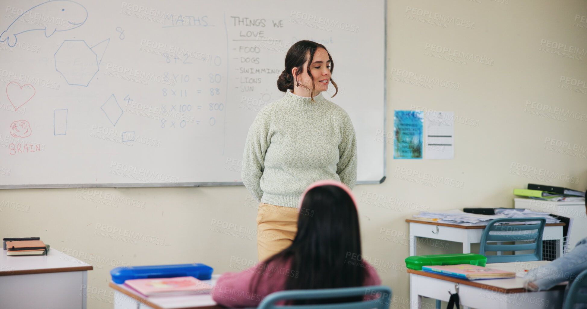 Buy stock photo Education, smile and woman teacher in classroom at school for course, curriculum or syllabus. Development, students and happy person with teaching in lesson for learning presentation on whiteboard