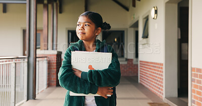 Buy stock photo School, thinking and girl with folder for education, learning or and ready for knowledge outdoor. Child, idea and student with creative book, art or portfolio for development, growth and lesson