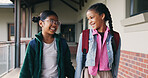 Outdoor, friends and children with backpack at school, learning and happy with academic development. Students, laugh and kids with smile for cognitive growth, education and walk to class in morning