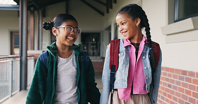 Buy stock photo Outdoor, friends and children with backpack at school, learning and happy with academic development. Students, talking and kids with smile for cognitive growth, education and walk to class in morning