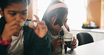 Science, students and girls with microscope for learning, stem education and knowledge in lesson. Sample, microbiology and children in lab for chemistry study, research and test experiment in school