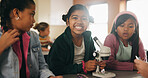 Science, students and girls with portrait for learning, stem education and knowledge in lesson. Microscope, biology and children in lab for chemistry study, research and test experiment in school