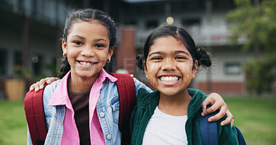 Buy stock photo Outdoor, friends and children with backpack for education, learn or happy with academic development. Students, portrait and kids with smile for cognitive growth, hug and bonding at elementary school