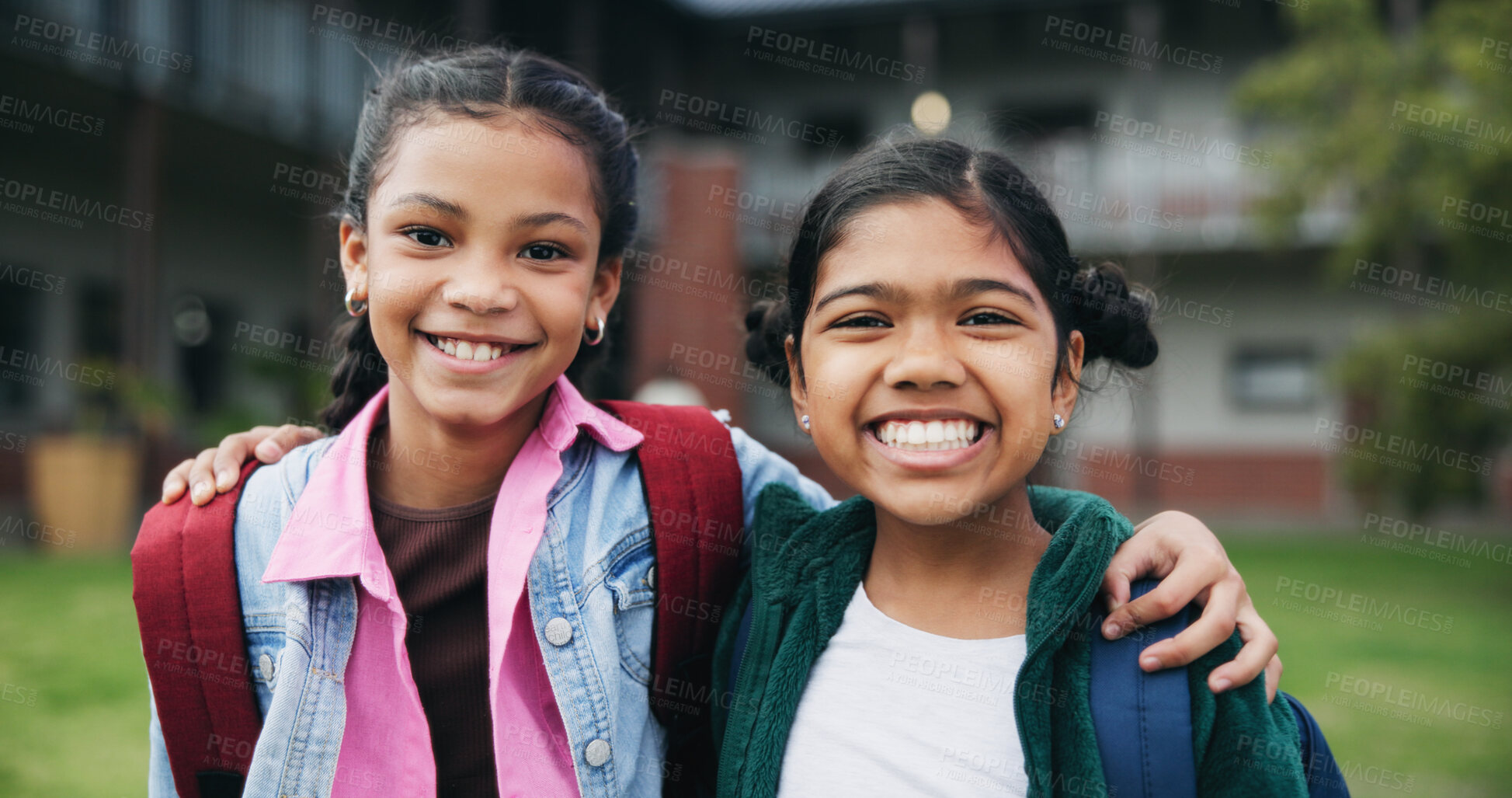 Buy stock photo Outdoor, friends and children with backpack for education, learn or happy with academic development. Students, portrait and kids with smile for cognitive growth, hug and bonding at elementary school