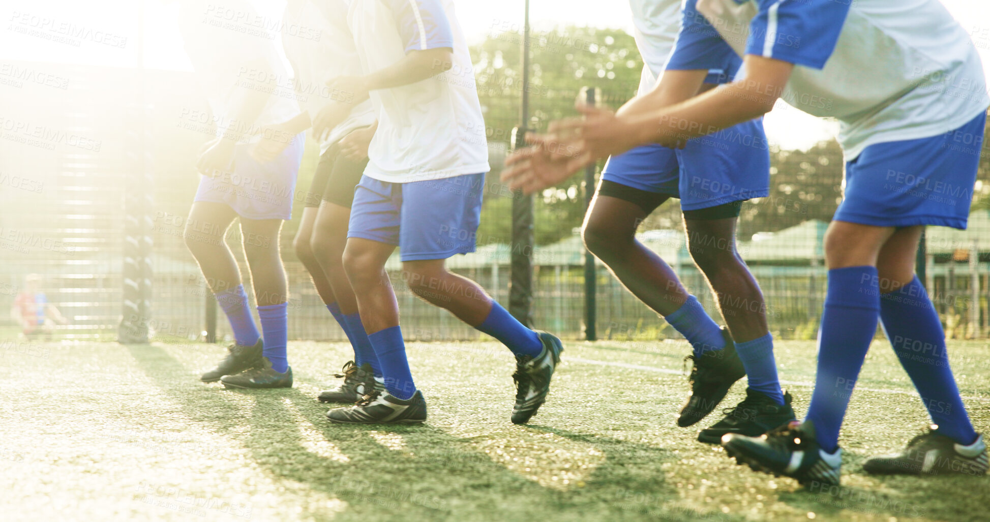 Buy stock photo Sport, clapping or legs of football players with warm up for match fitness, team building or flare. Applause, soccer or feet of people on field for competition training, game practice or preparation