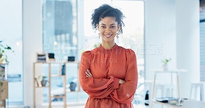 Buy stock photo Portrait, woman or smile with arms crossed in office for creative internship, career growth or pride. Marketing intern, african person or happy at startup for job opportunity, about us and confidence