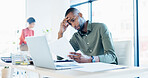 Laptop, man and stress with documents in office for ad rejection, bad client feedback or headache. Staff, media buyer or worry with report at tech for budget mistake, campaign pressure or overwhelmed