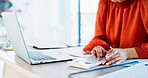 Hands, calculator and person with laptop for accounting, payroll or bookkeeping in office. Business, accountant and finance professional with budget review, tax report or computer for online planning