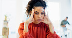 Business, woman or headache of stress in office for advertising crisis, campaign fail or mistake. Worry, manager and overwhelmed at agency for marketing compliance issue, reputation risk or migraine