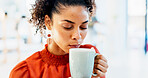Home, coffee cup and woman drinking for relaxation, calm and peace with wellness in living room. Taste, aroma and person with eyes closed, enjoying hot tea or beverage for comfort, morning or break