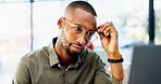 Laptop, confused and black man with thinking for problem solving, website or software error. Web designer, glasses and headache for decision, troubleshooting or creative agency deadline in office