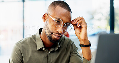 Buy stock photo Laptop, confused and black man with thinking for problem solving, website or software error. Web designer, glasses and headache for decision, troubleshooting or creative agency deadline in office