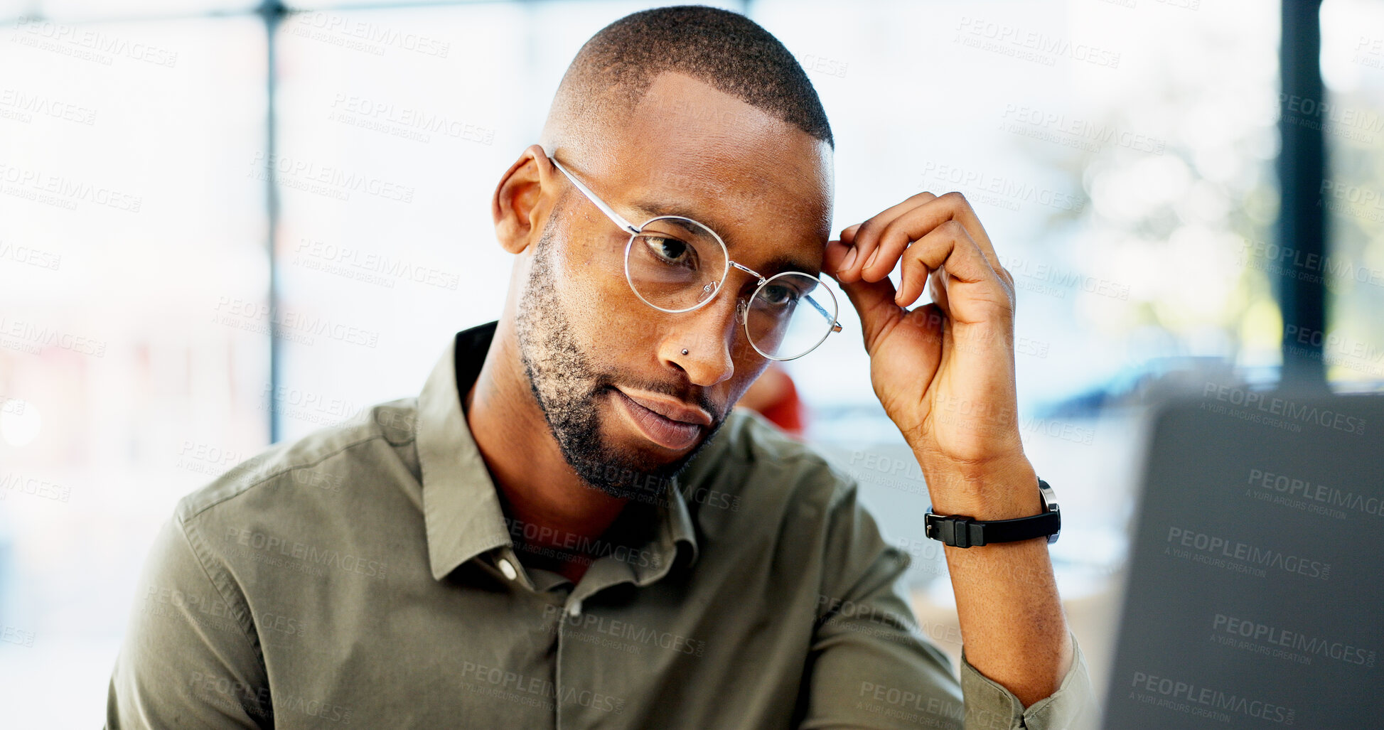 Buy stock photo Laptop, confused and black man with thinking for problem solving, website or software error. Web designer, glasses and headache for decision, troubleshooting or creative agency deadline in office