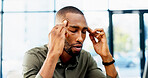 Business, man and headache of stress in office for advertising crisis, campaign fail or massage. Black person, manager and migraine at agency for marketing compliance issue, reputation risk or worry