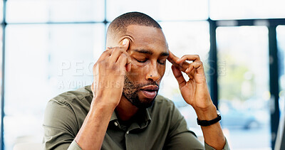 Buy stock photo Business, man and headache of stress in office for advertising crisis, campaign fail or massage. Black person, manager and migraine at agency for marketing compliance issue, reputation risk or worry