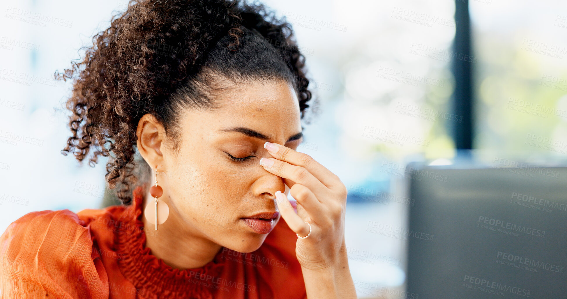 Buy stock photo Headache, woman and stress with computer in office for ad fraud, bad client feedback or budget loss. Media buyer, person or tech with migraine for account rejection, campaign pressure or overwhelmed