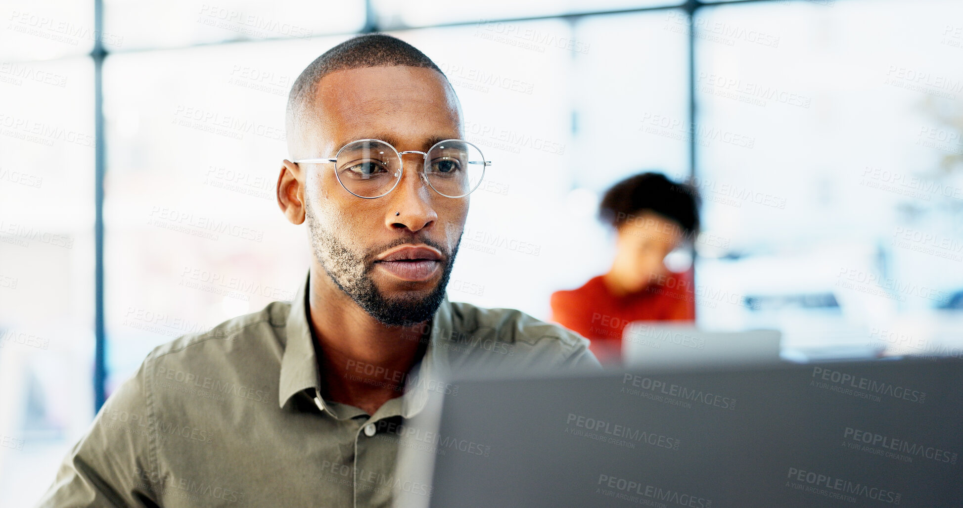 Buy stock photo Laptop, reading and business man with glasses for problem solving, website or software solution. Web designer, office and computer for tech troubleshooting, planning or deadline at creative agency