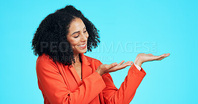 Buy stock photo Business, woman and gesture in studio for presentation, advertising launch and job interview. Smile, female person and icon for announcement, corporate hiring and onboarding offer on blue background