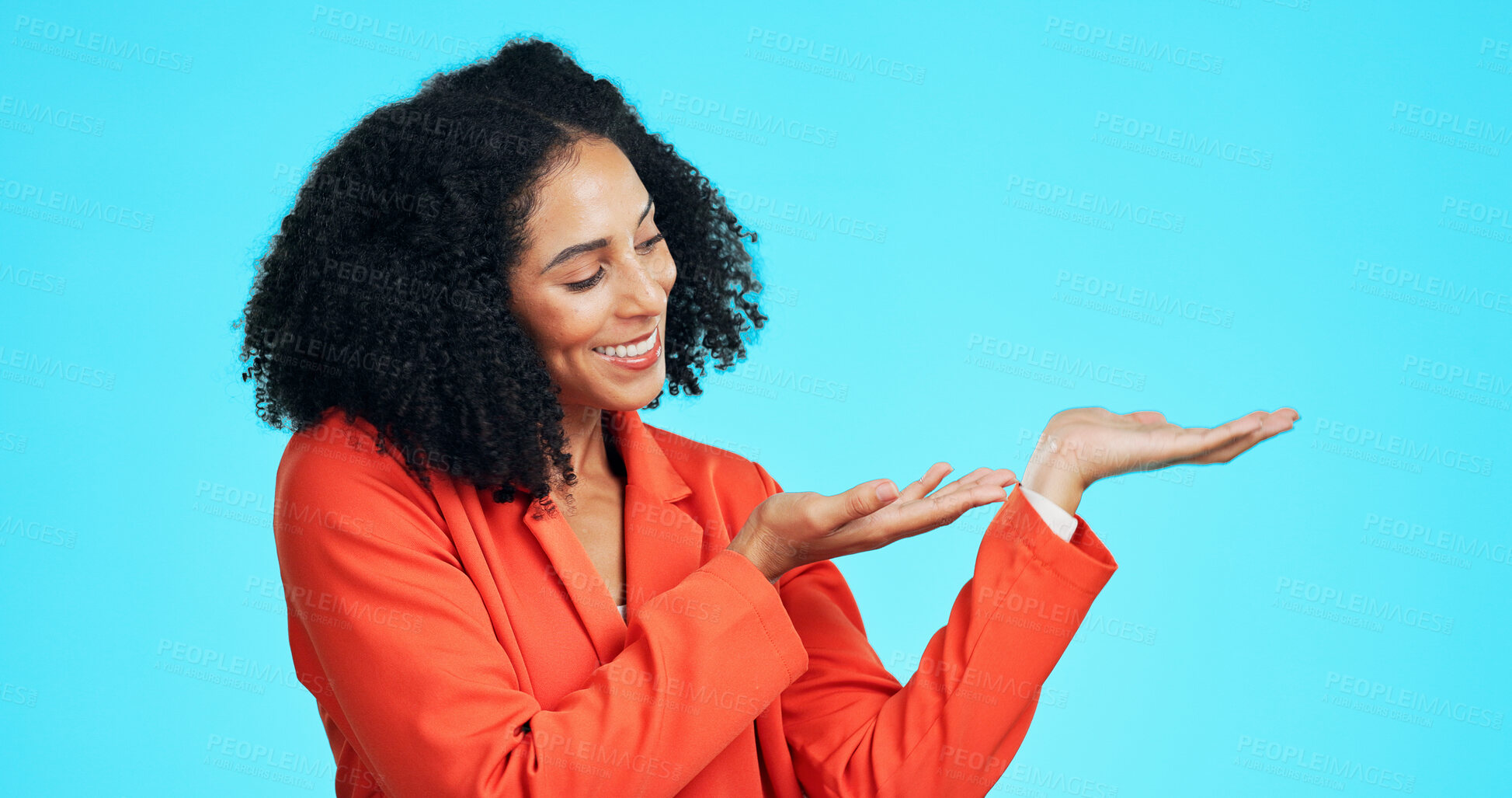 Buy stock photo Business, woman and gesture in studio for presentation, advertising launch and job interview. Smile, female person and icon for announcement, corporate hiring and onboarding offer on blue background