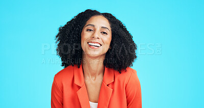 Buy stock photo Happy, woman and portrait of teacher in studio with professional pride for education career. Smile, about us and elementary educator with confidence for job opportunity by blue background in Mexico.