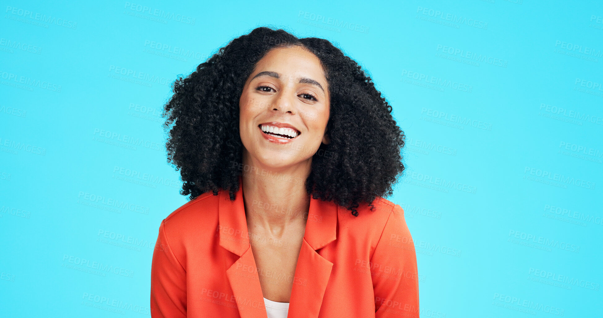 Buy stock photo Happy, woman and portrait of teacher in studio with professional pride for education career. Smile, about us and elementary educator with confidence for job opportunity by blue background in Mexico.