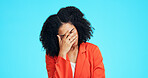 Businesswoman, stress and disappointed in studio with problem, financial crisis and thinking of fail. Space, person and upset with work challenge, debt risk and job difficulty on blue background.